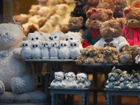 Plush toys are in a store window on the street in Krakow, Poland, on November 18, 2024. (