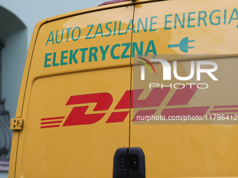 The DHL logo is on a delivery truck on the street in Krakow, Poland, on November 18, 2024. (