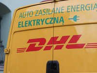 The DHL logo is on a delivery truck on the street in Krakow, Poland, on November 18, 2024. (