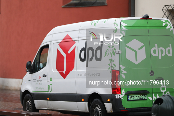 The DPD logo is on a delivery truck on the street in Krakow, Poland, on November 18, 2024. 