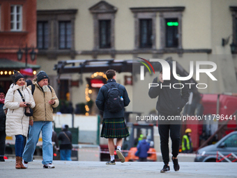 A man in a kilt is seen in the Old Town center in Warsaw, Poland on 18 November, 2024. On Monday Poland faces Scotland in the Nations League...