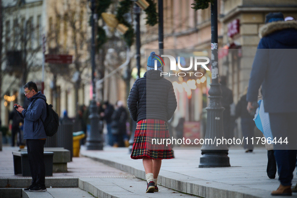 A man in a kilt is seen in the Old Town center in Warsaw, Poland on 18 November, 2024. On Monday Poland faces Scotland in the Nations League...