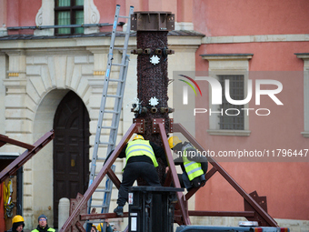 Workers prepare construction for a large Christmas tree in Warsaw, Poland on 18 November, 2024. Warsaw is an increasingly popular destinatio...