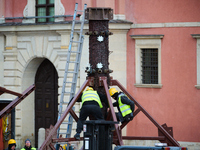 Workers prepare construction for a large Christmas tree in Warsaw, Poland on 18 November, 2024. Warsaw is an increasingly popular destinatio...