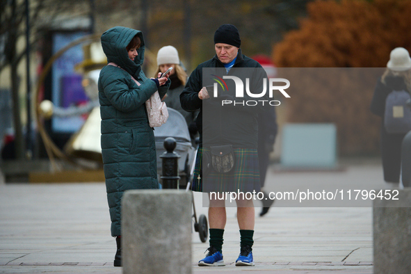 A man in a kilt is seen in the Old Town center in Warsaw, Poland on 18 November, 2024. On Monday Poland faces Scotland in the Nations League...