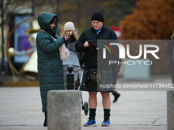 A man in a kilt is seen in the Old Town center in Warsaw, Poland on 18 November, 2024. On Monday Poland faces Scotland in the Nations League...