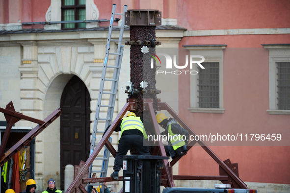 Workers prepare construction for a large Christmas tree in Warsaw, Poland on 18 November, 2024. Warsaw is an increasingly popular destinatio...