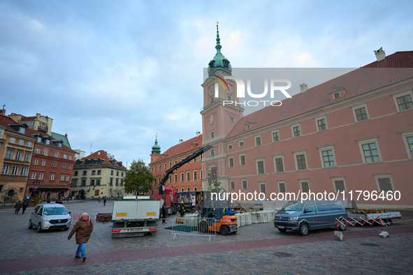 Workers prepare construction for a large Christmas tree in Warsaw, Poland on 18 November, 2024. Warsaw is an increasingly popular destinatio...