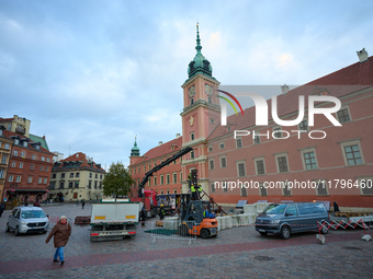 Workers prepare construction for a large Christmas tree in Warsaw, Poland on 18 November, 2024. Warsaw is an increasingly popular destinatio...