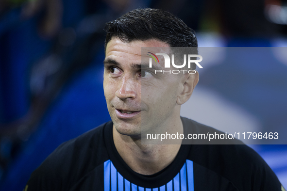 Emiliano Martinez of Argentina stands before the 2026 FIFA World Cup South American qualifiers football match between Argentina and Peru at...