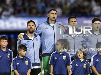 Argentina's Lionel Messi, Emiliano Martinez, Lautaro Martinez, and Julian Alvarez stand before the 2026 FIFA World Cup South American qualif...