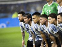 Argentina's Lionel Messi and teammates stand before the 2026 FIFA World Cup South American qualifiers football match between Argentina and P...