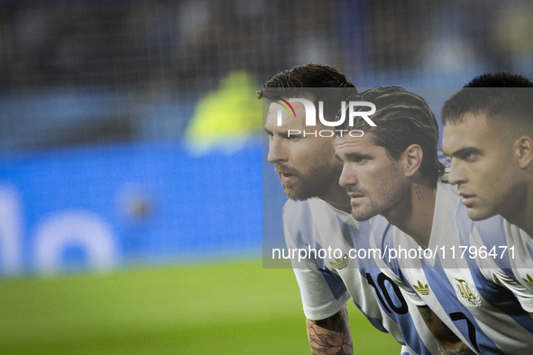 Argentina's Lionel Messi, Rodrigo De Paul, and Lautaro Martinez stand before the 2026 FIFA World Cup South American qualifiers football matc...