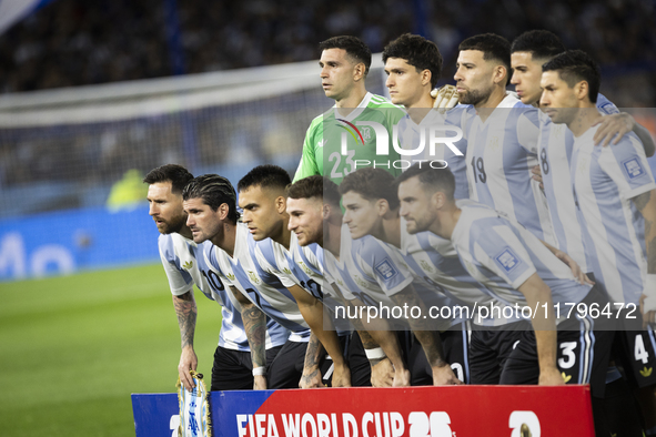 Argentina players pose for a team group photo before the 2026 FIFA World Cup South American qualifiers football match between Argentina and...