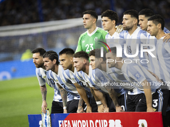 Argentina players pose for a team group photo before the 2026 FIFA World Cup South American qualifiers football match between Argentina and...