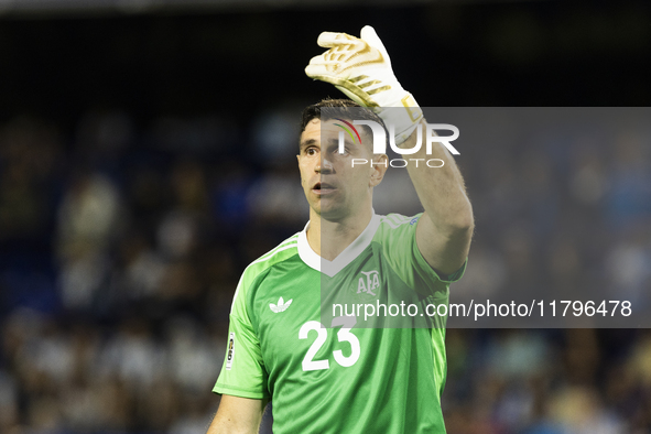 Emiliano Martinez of Argentina gestures during the 2026 FIFA World Cup South American qualifiers football match between Argentina and Peru a...