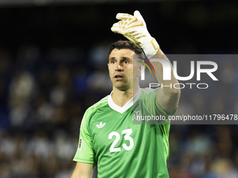 Emiliano Martinez of Argentina gestures during the 2026 FIFA World Cup South American qualifiers football match between Argentina and Peru a...