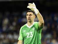 Emiliano Martinez of Argentina gestures during the 2026 FIFA World Cup South American qualifiers football match between Argentina and Peru a...