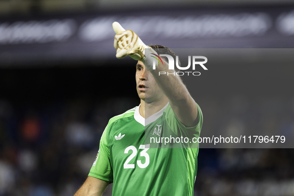 Emiliano Martinez of Argentina gestures during the 2026 FIFA World Cup South American qualifiers football match between Argentina and Peru a...