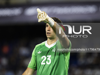 Emiliano Martinez of Argentina gestures during the 2026 FIFA World Cup South American qualifiers football match between Argentina and Peru a...