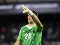 Emiliano Martinez of Argentina gestures during the 2026 FIFA World Cup South American qualifiers football match between Argentina and Peru a...