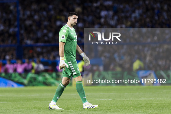 Emiliano Martinez of Argentina looks on during the 2026 FIFA World Cup South American qualifiers football match between Argentina and Peru a...