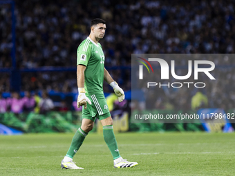 Emiliano Martinez of Argentina looks on during the 2026 FIFA World Cup South American qualifiers football match between Argentina and Peru a...