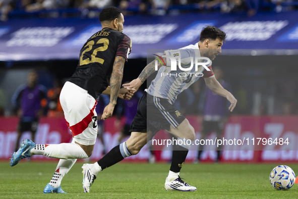 Argentina's Lionel Messi is in action during the 2026 FIFA World Cup South American qualifiers football match between Argentina and Peru at...