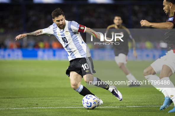 Argentina's Lionel Messi is in action during the 2026 FIFA World Cup South American qualifiers football match between Argentina and Peru at...