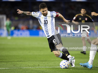 Argentina's Lionel Messi is in action during the 2026 FIFA World Cup South American qualifiers football match between Argentina and Peru at...