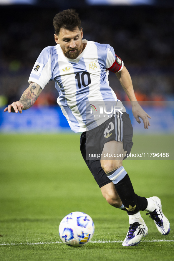 Argentina's Lionel Messi is in action during the 2026 FIFA World Cup South American qualifiers football match between Argentina and Peru at...