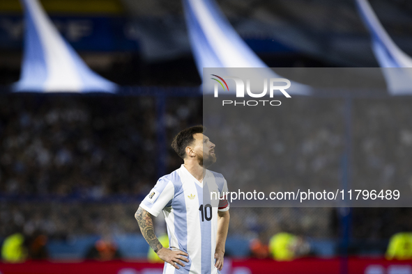 Argentina's Lionel Messi looks on during the 2026 FIFA World Cup South American qualifiers football match between Argentina and Peru at the...