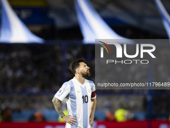 Argentina's Lionel Messi looks on during the 2026 FIFA World Cup South American qualifiers football match between Argentina and Peru at the...