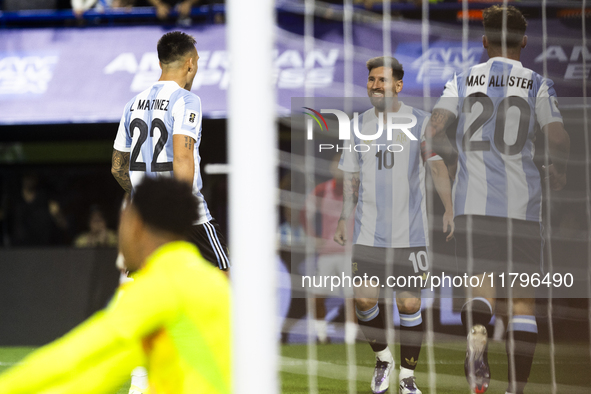 Argentina players celebrate after Lautaro Martinez scores their first goal during the 2026 FIFA World Cup South American qualifiers football...