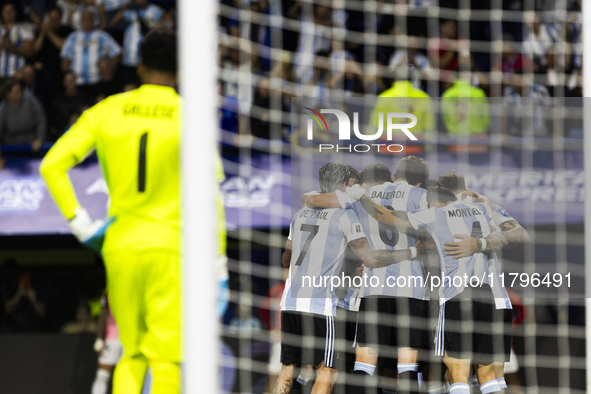 Argentina players celebrate after Lautaro Martinez scores their first goal during the 2026 FIFA World Cup South American qualifiers football...