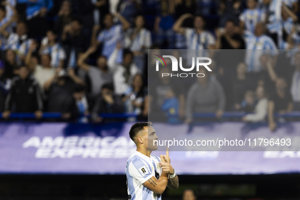 Lautaro Martinez of Argentina celebrates scoring their first goal during the 2026 FIFA World Cup South American qualifiers football match be...