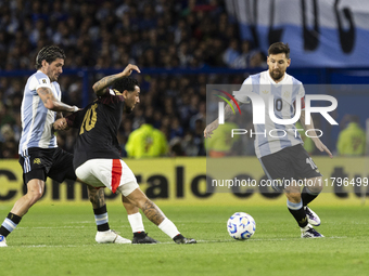 Argentina's Lionel Messi is in action during the 2026 FIFA World Cup South American qualifiers football match between Argentina and Peru at...