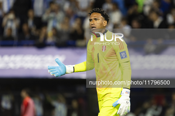 Pedro Gallese of Peru gestures during the 2026 FIFA World Cup South American qualifiers football match between Argentina and Peru at the La...