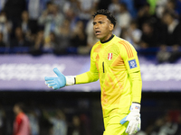 Pedro Gallese of Peru gestures during the 2026 FIFA World Cup South American qualifiers football match between Argentina and Peru at the La...