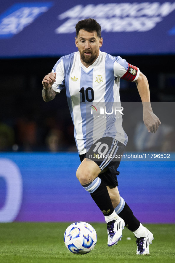 Argentina's Lionel Messi is in action during the 2026 FIFA World Cup South American qualifiers football match between Argentina and Peru at...