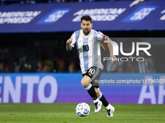 Argentina's Lionel Messi is in action during the 2026 FIFA World Cup South American qualifiers football match between Argentina and Peru at...