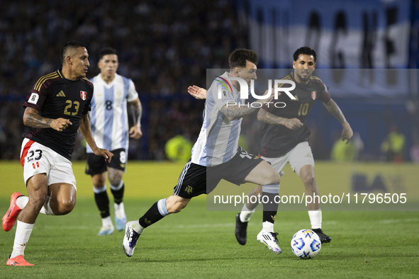 Argentina's Lionel Messi is in action during the 2026 FIFA World Cup South American qualifiers football match between Argentina and Peru at...