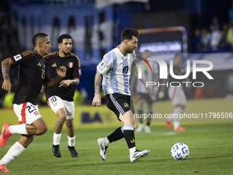 Argentina's Lionel Messi is in action during the 2026 FIFA World Cup South American qualifiers football match between Argentina and Peru at...