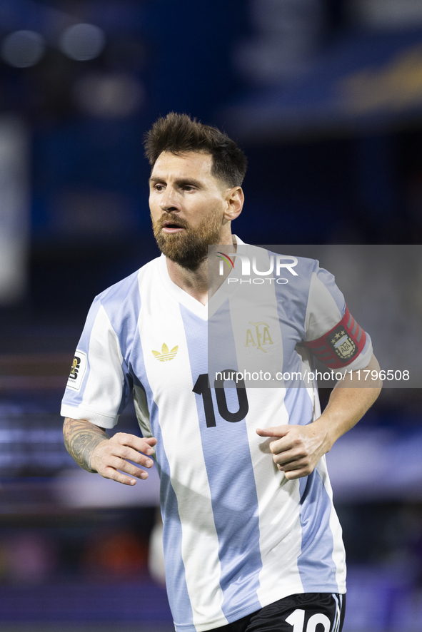 Argentina's Lionel Messi is in action during the 2026 FIFA World Cup South American qualifiers football match between Argentina and Peru at...