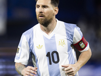 Argentina's Lionel Messi is in action during the 2026 FIFA World Cup South American qualifiers football match between Argentina and Peru at...