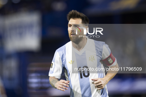 Argentina's Lionel Messi is in action during the 2026 FIFA World Cup South American qualifiers football match between Argentina and Peru at...