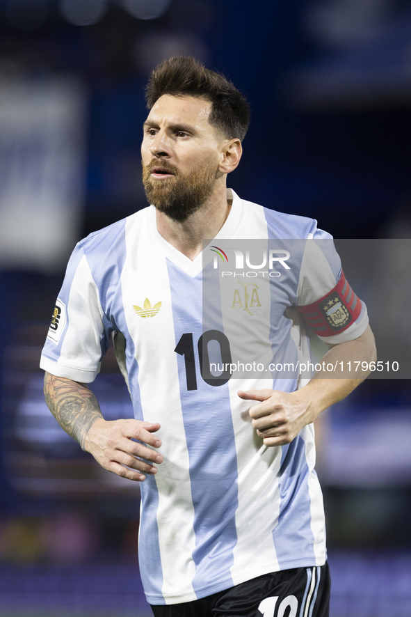 Argentina's Lionel Messi is in action during the 2026 FIFA World Cup South American qualifiers football match between Argentina and Peru at...