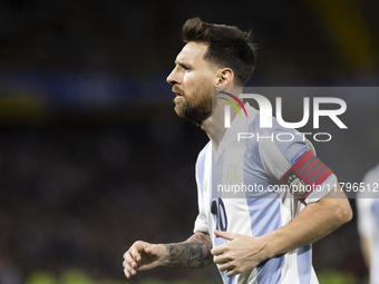 Argentina's Lionel Messi is in action during the 2026 FIFA World Cup South American qualifiers football match between Argentina and Peru at...