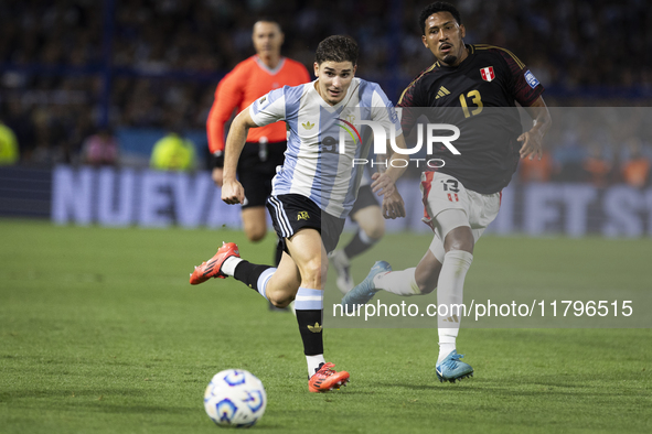 Julian Alvarez of Argentina plays during the 2026 FIFA World Cup South American qualifiers football match between Argentina and Peru at the...