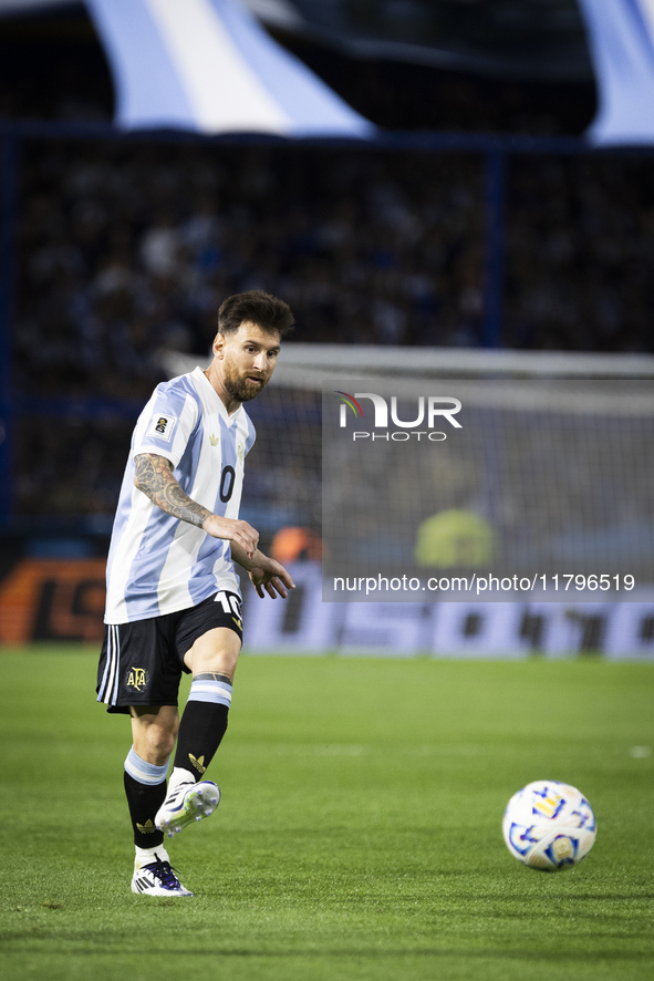 Argentina's Lionel Messi is in action during the 2026 FIFA World Cup South American qualifiers football match between Argentina and Peru at...